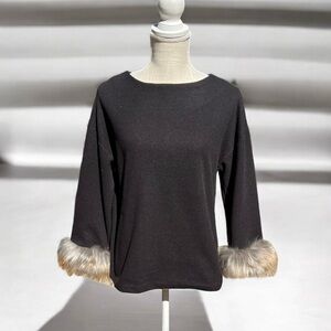 🌻Lily London Black Round Neck Knit Top with Faux Fur Cuffs Size Small